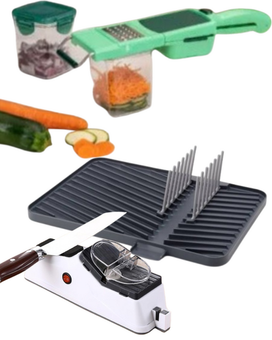Kit cozinha- afiador- cortador - escorredor